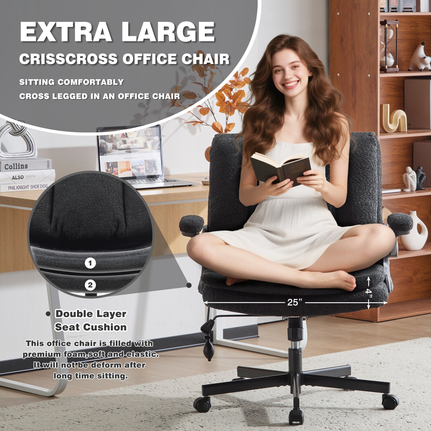 Ergonomic Office Chair With 2-in-1 Flip-Up Back, 25" Wide Seat, Airbag Lumbar Support, Flip-Up Armrests, Height Adjustable Towel Fabric Desk Chair_maomaolike.com